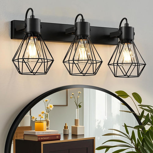 3 Light Black Vanity Wall Lights - 90° Rotatable, Vintage Farmhouse Bathroom Lam