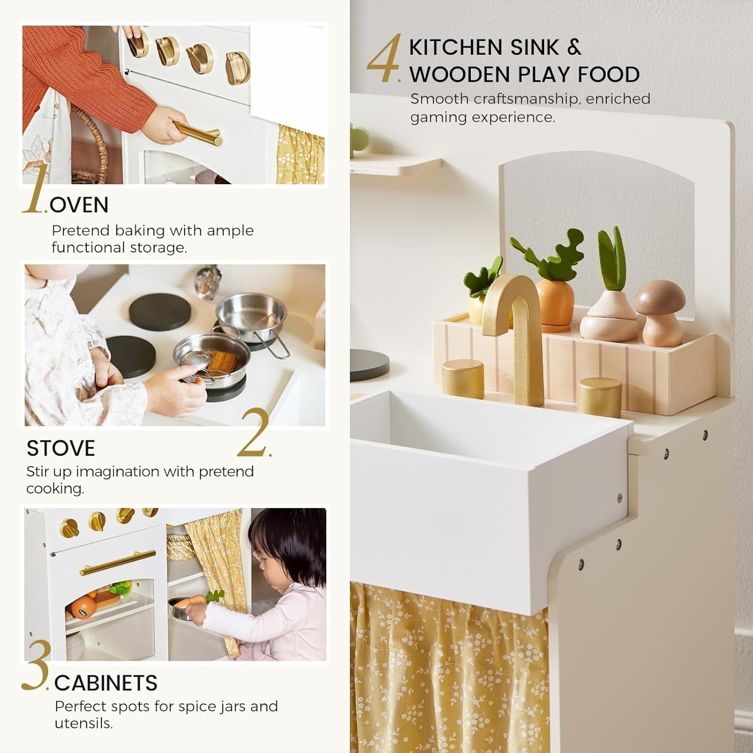 Wooden Kids Play Kitchen White w/ Cutting Food Accessories Set