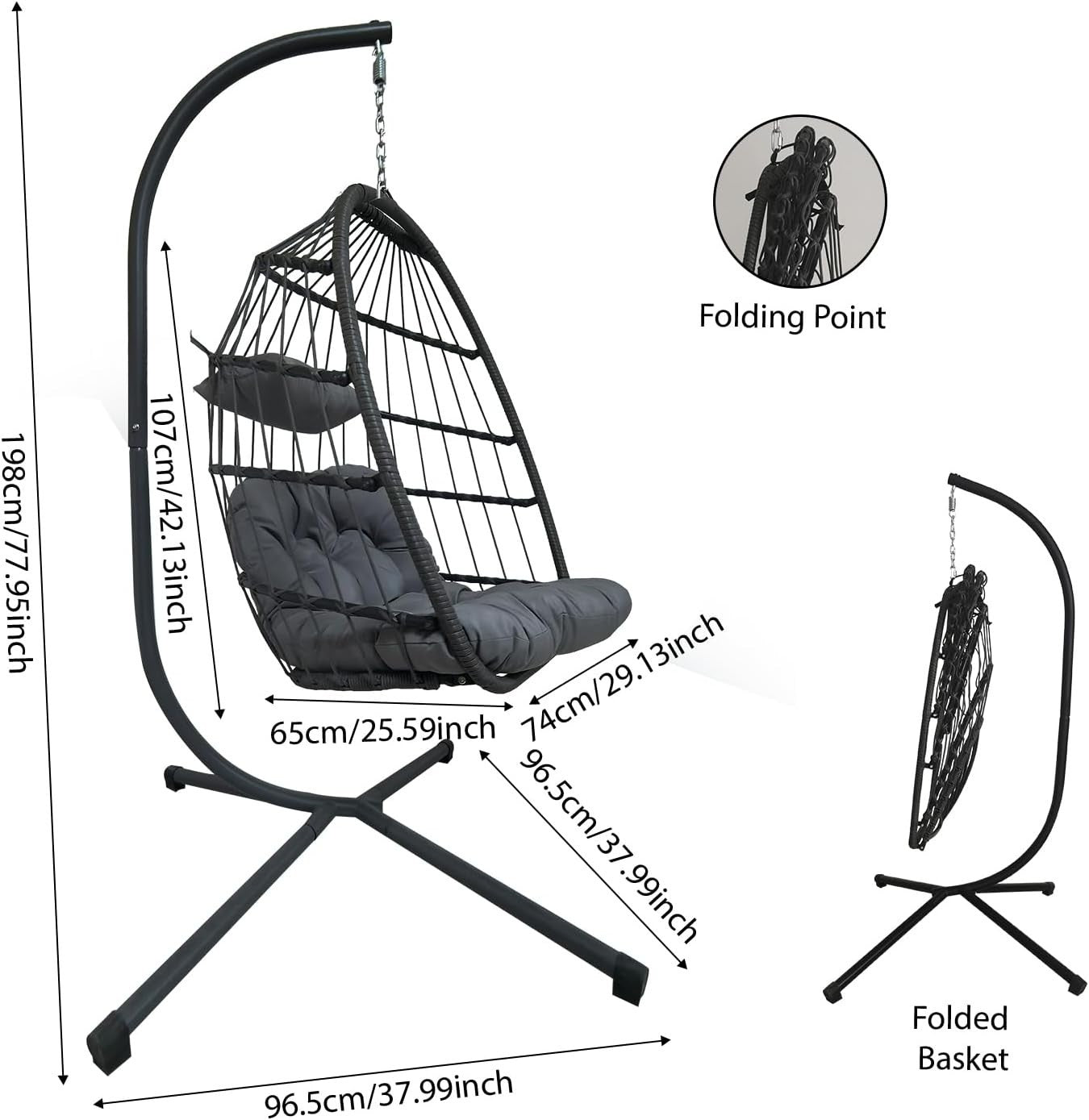 Light Grey Rattan Hanging Egg Chair with Stand | Indoor Outdoor Foldable Swing