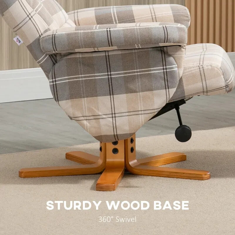 Linen Swivel Recliner Armchair with Footstool Storage & Wood Base