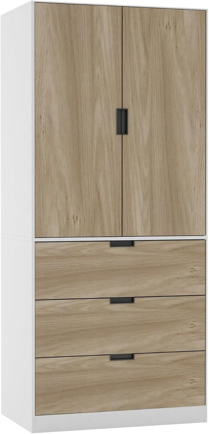 Oak 2 Door Wardrobe with Drawers | Tall Modern Clothes Storage Unit