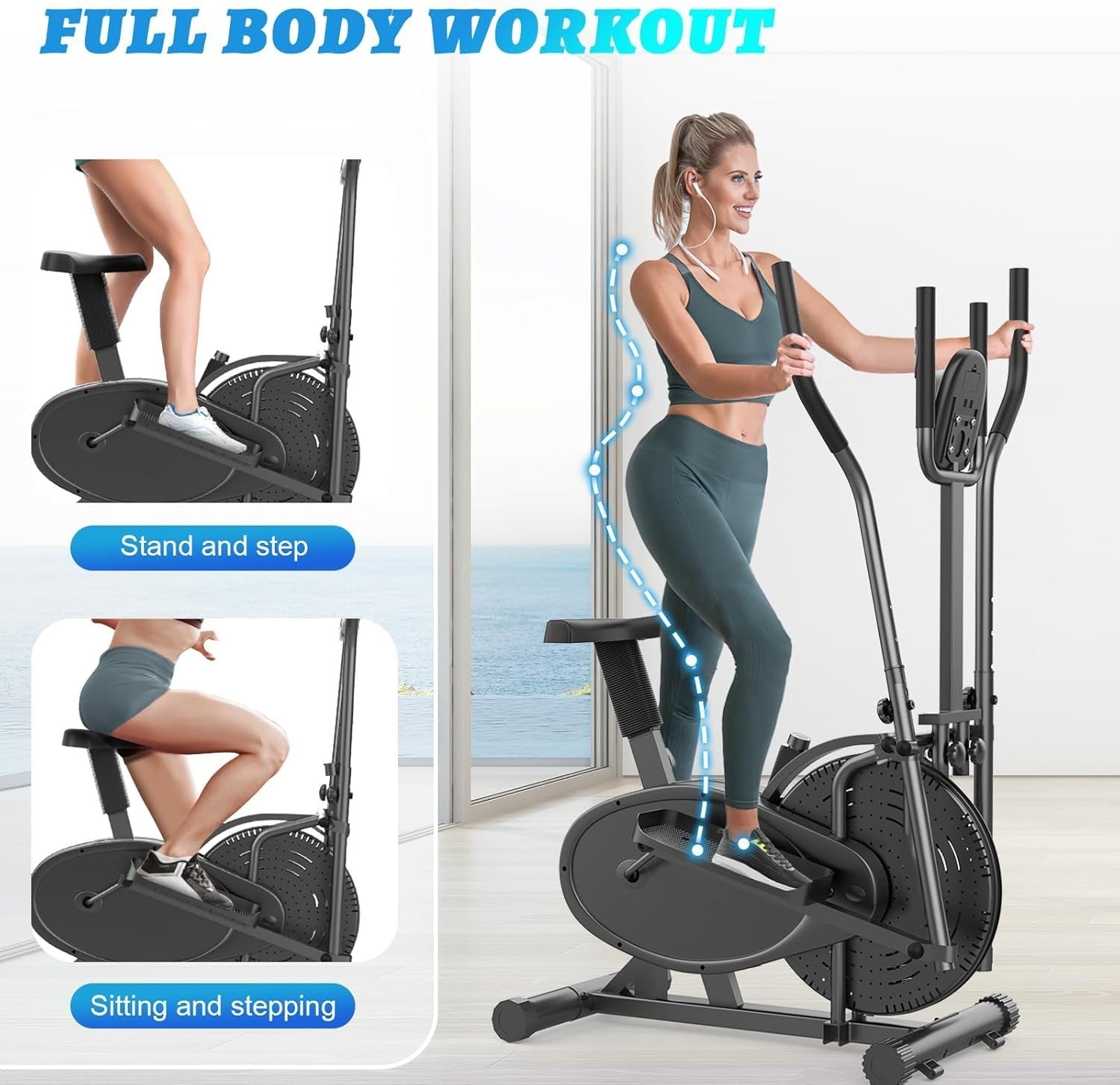 2-in-1 Elliptical Cross Trainer Exercise Bike Adjustable Seat Home Gym Machine