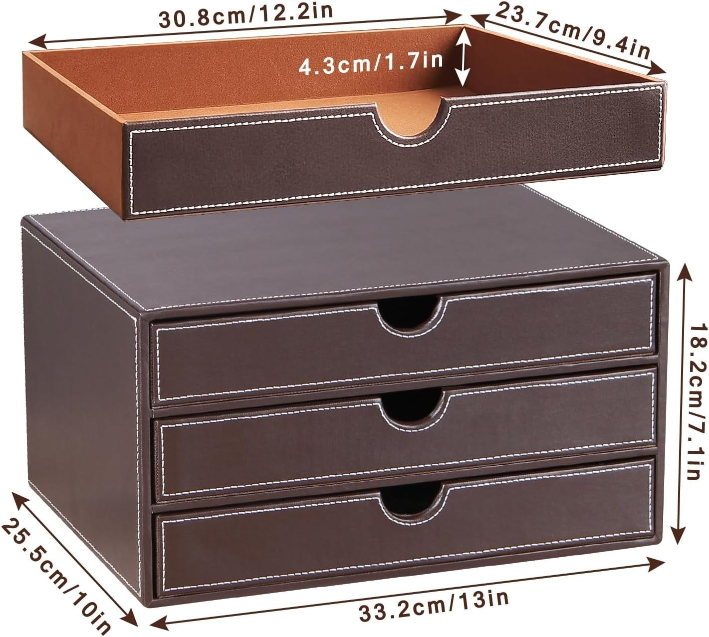 PU Leather 3-Drawer Desk Organizer for Office, Documents, Makeup & More