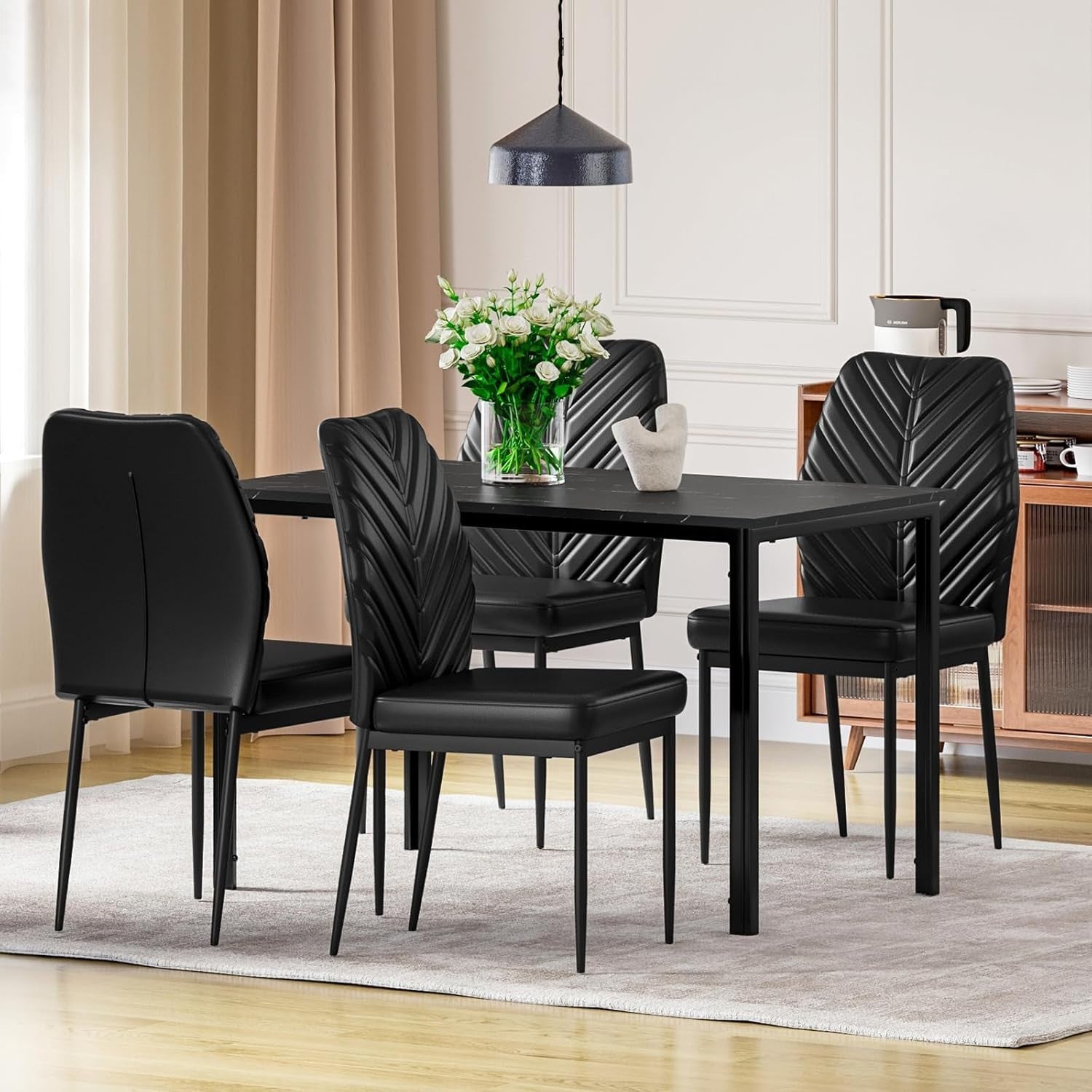 Modern Marble Dining Table Set 4 PU Chairs Black Leaf Pattern Kitchen