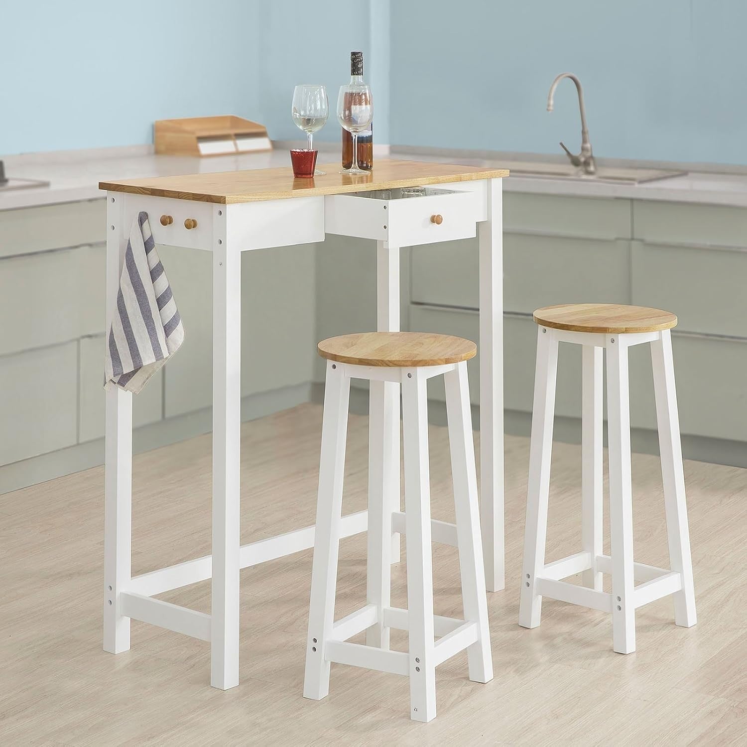 3-Piece Breakfast Bar Table Set with 2 Stools White & Wood Modern Compact