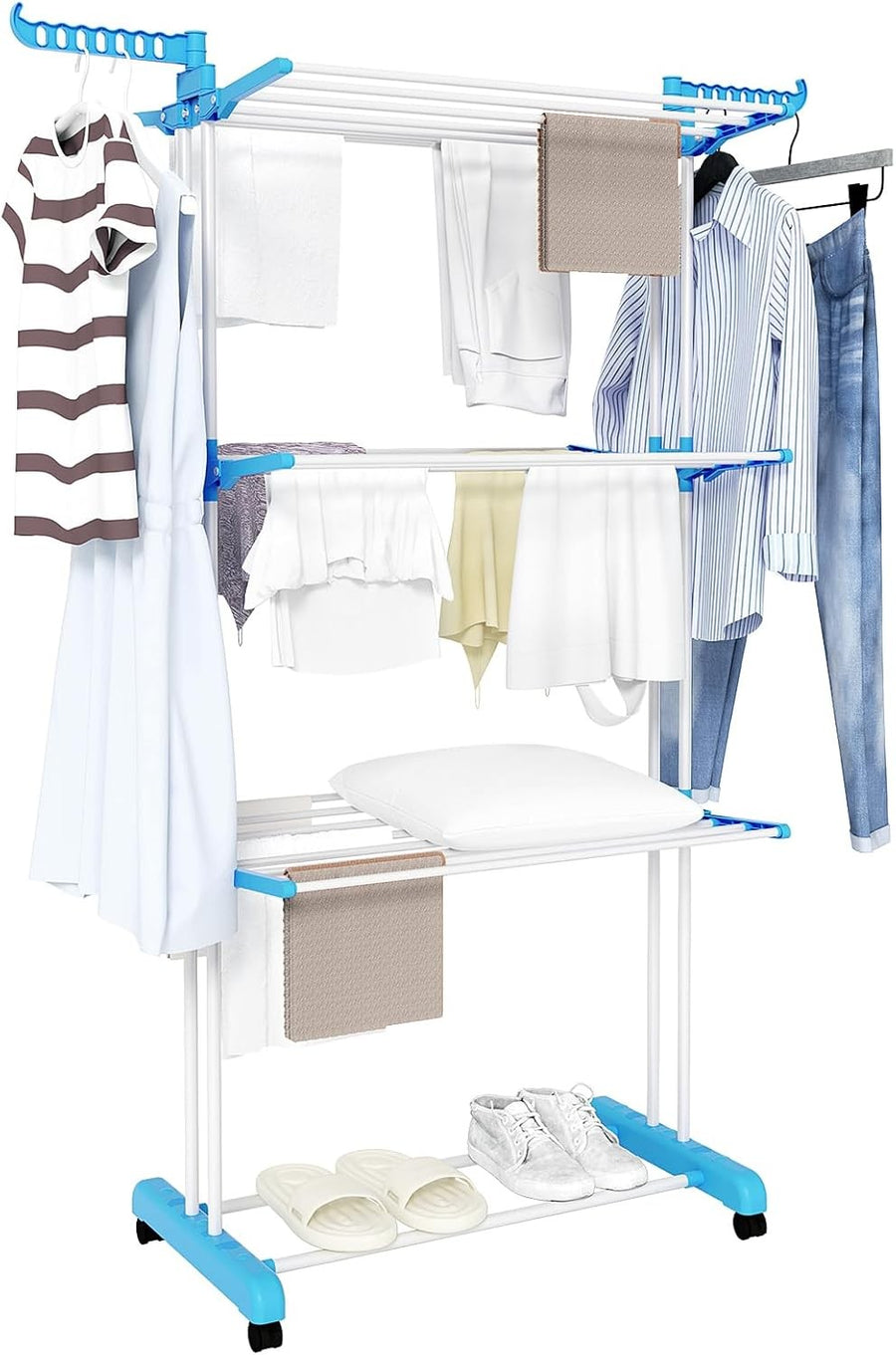 Mobile 3 Level Clothes Drying Trolley Folding Laundry Stand with Wheels