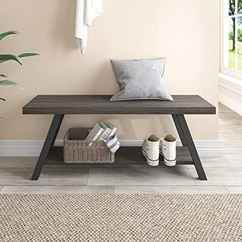 Dark Grey Oak Industrial Storage Bench Metal Frame Entryway Shoe Rack Seat