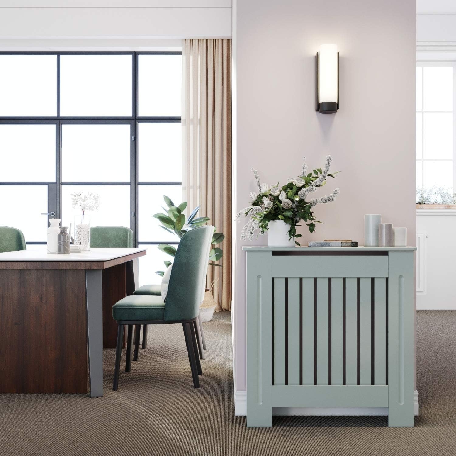 Small Grey Radiator Cover Cabinet | Modern Vertical Slatted MDF Heater Cover