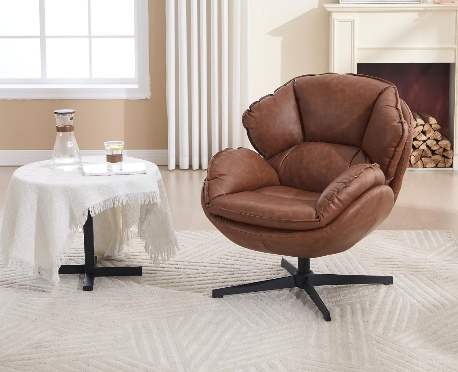 Brown PU Leather Swivel Accent Chair 360° Tub Armchair Reading Seat