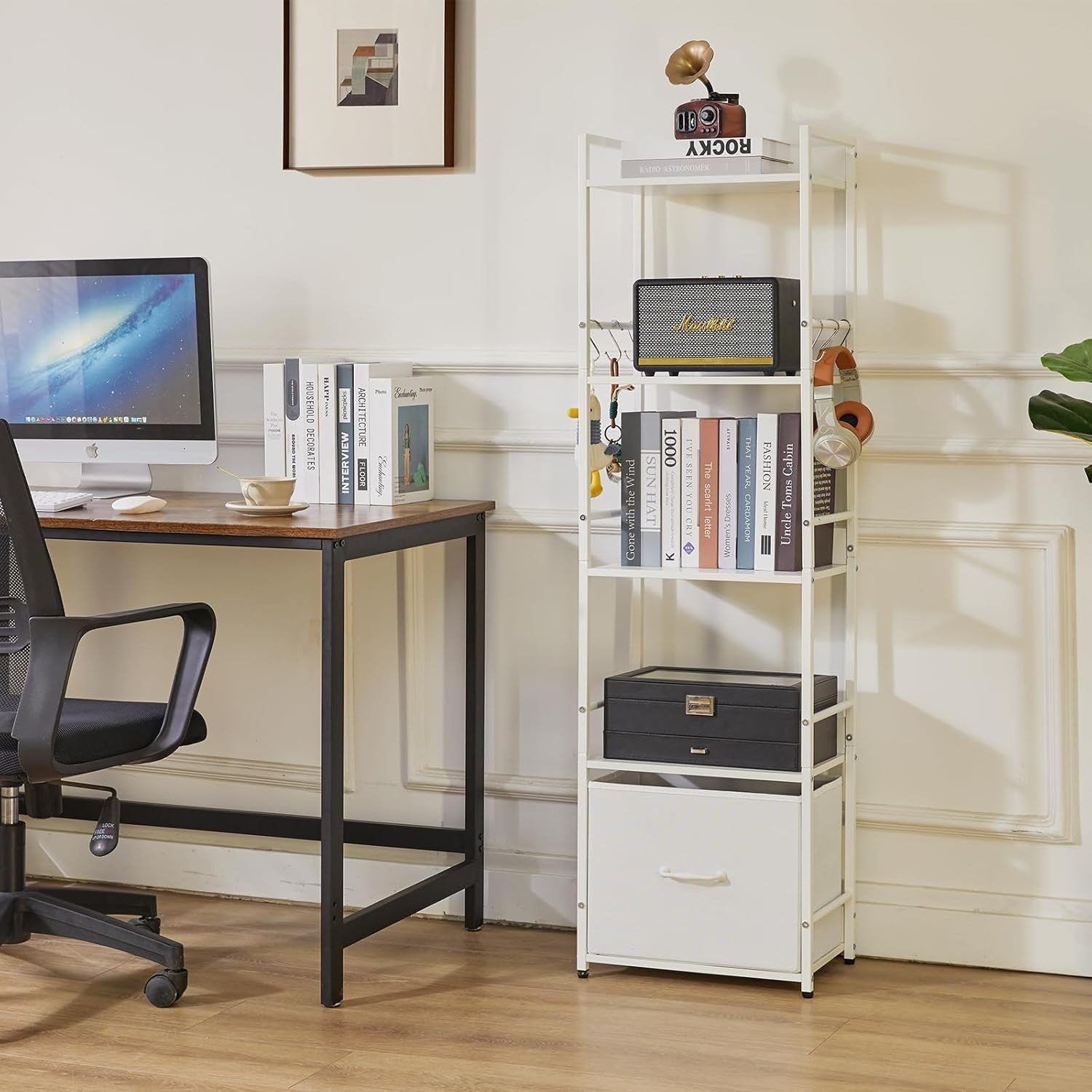 5 Tier Ladder Shelf Bookcase With Drawer Space Saving Steel Frame White