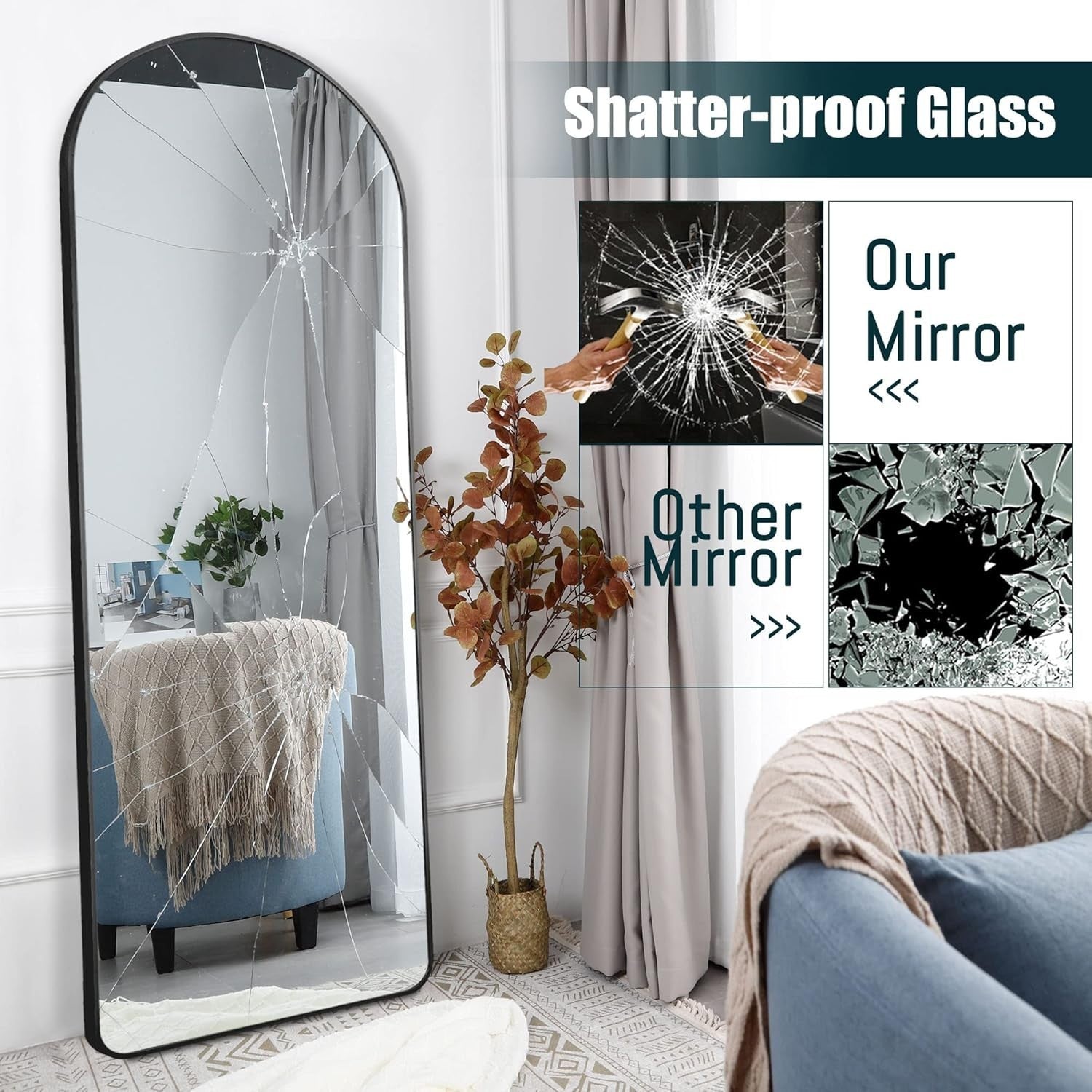 Full Length Arched Mirror 150x50cm Black Standing or Wall Mount HD Glass