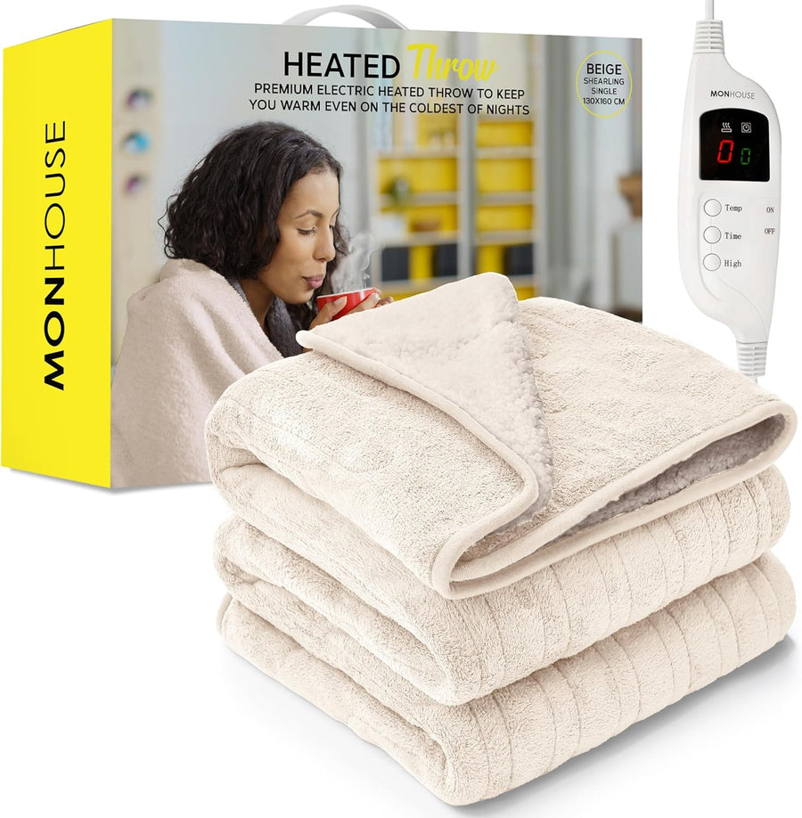 Electric Heated Throw Blanket 130x160cm Shearling 9 Heat Levels Timer Washable