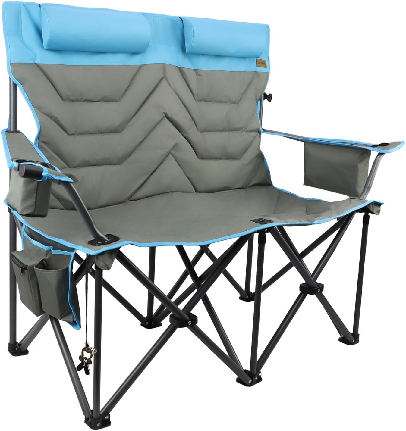Double Folding Camping Chair 2-Seater Heavy Duty Cooler Cup Holders 650lbs