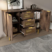 Dark Wood Rattan Sideboard Cabinet 3 Drawer 2 Door Storage Unit Hallway