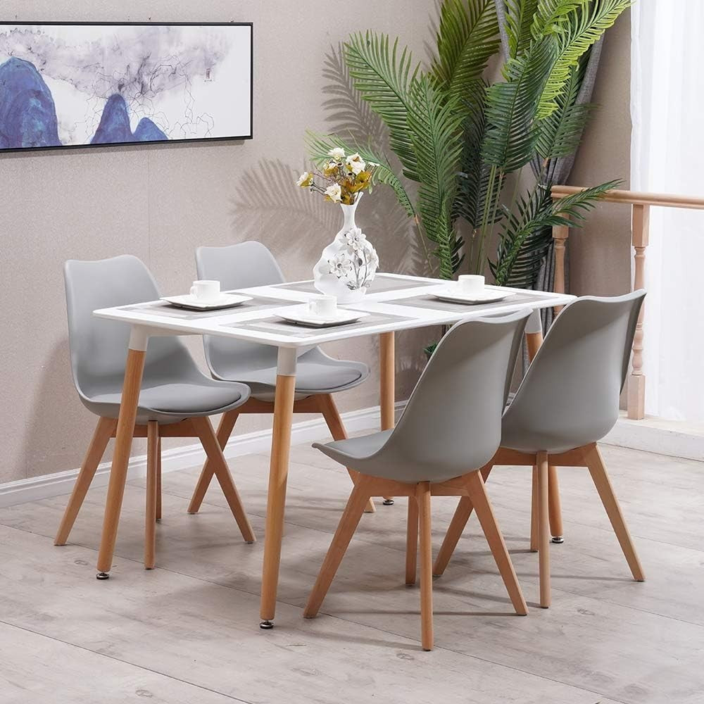 Modern Grey 4-Seater Dining Table Set | PU Leather Chairs | Solid Wood Legs