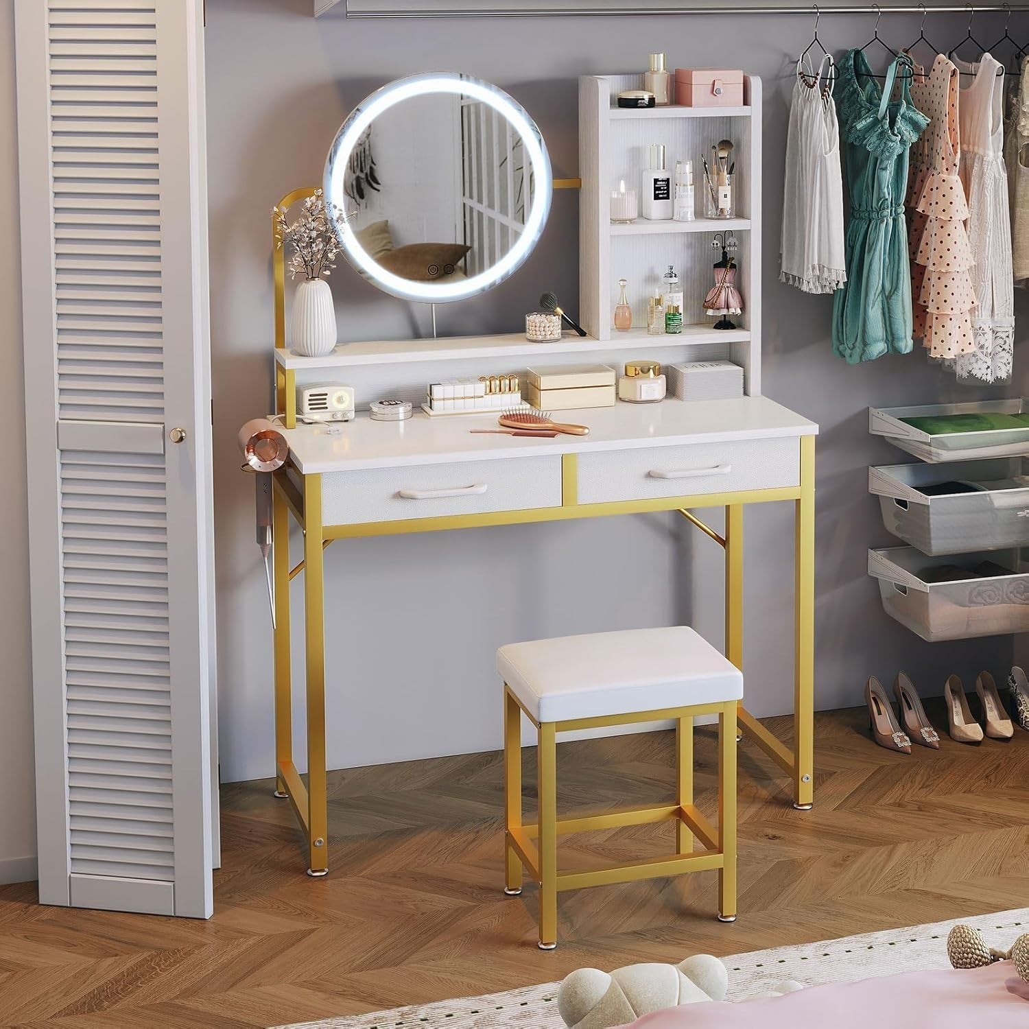 Makeup Vanity Desk Dressing Table with Adjustable LED Light Mirror & Storage Whi