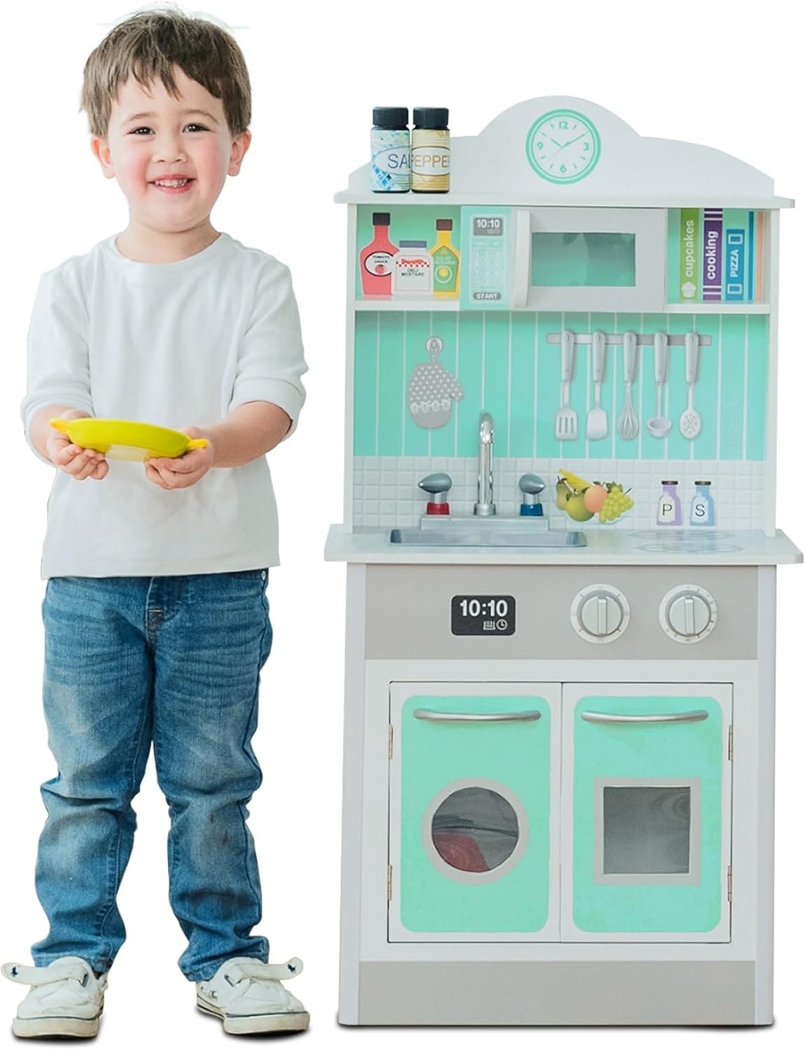 Compact Wooden Kids Play Kitchen Grey Mint Pretend Cooking Set
