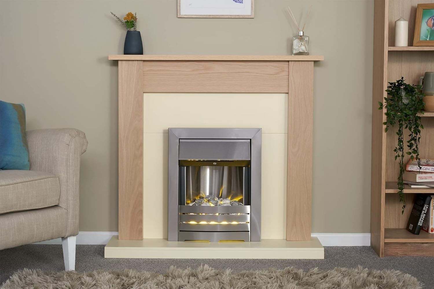 Modern Electric Fireplace with Oak Surround & LED Glow Effect, 2kW Heat