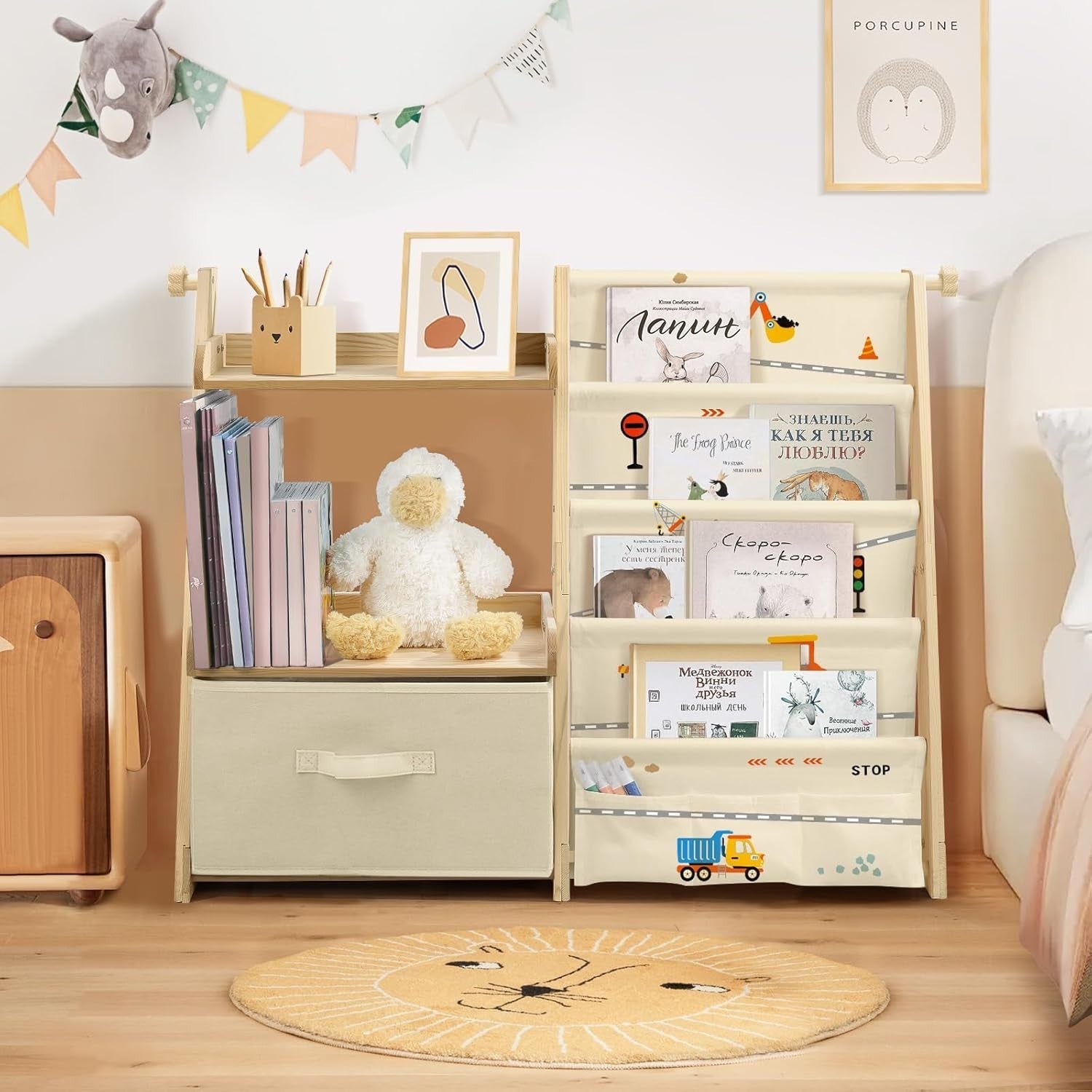 Excavator Kids Bookcase & Toy Storage – 4-Tier Wooden Shelf Unit with Toy Box