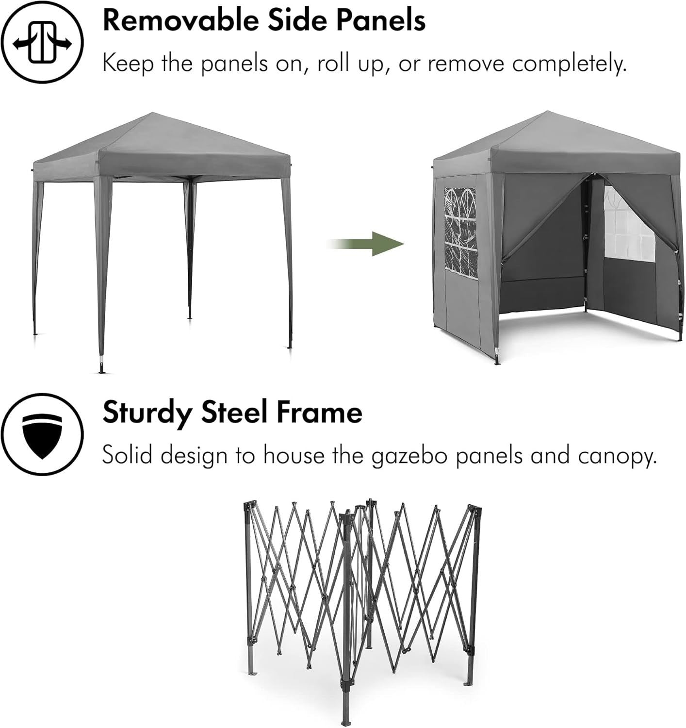 2x2M Grey Pop Up Gazebo With Removable Sides Waterproof Garden Party Tent