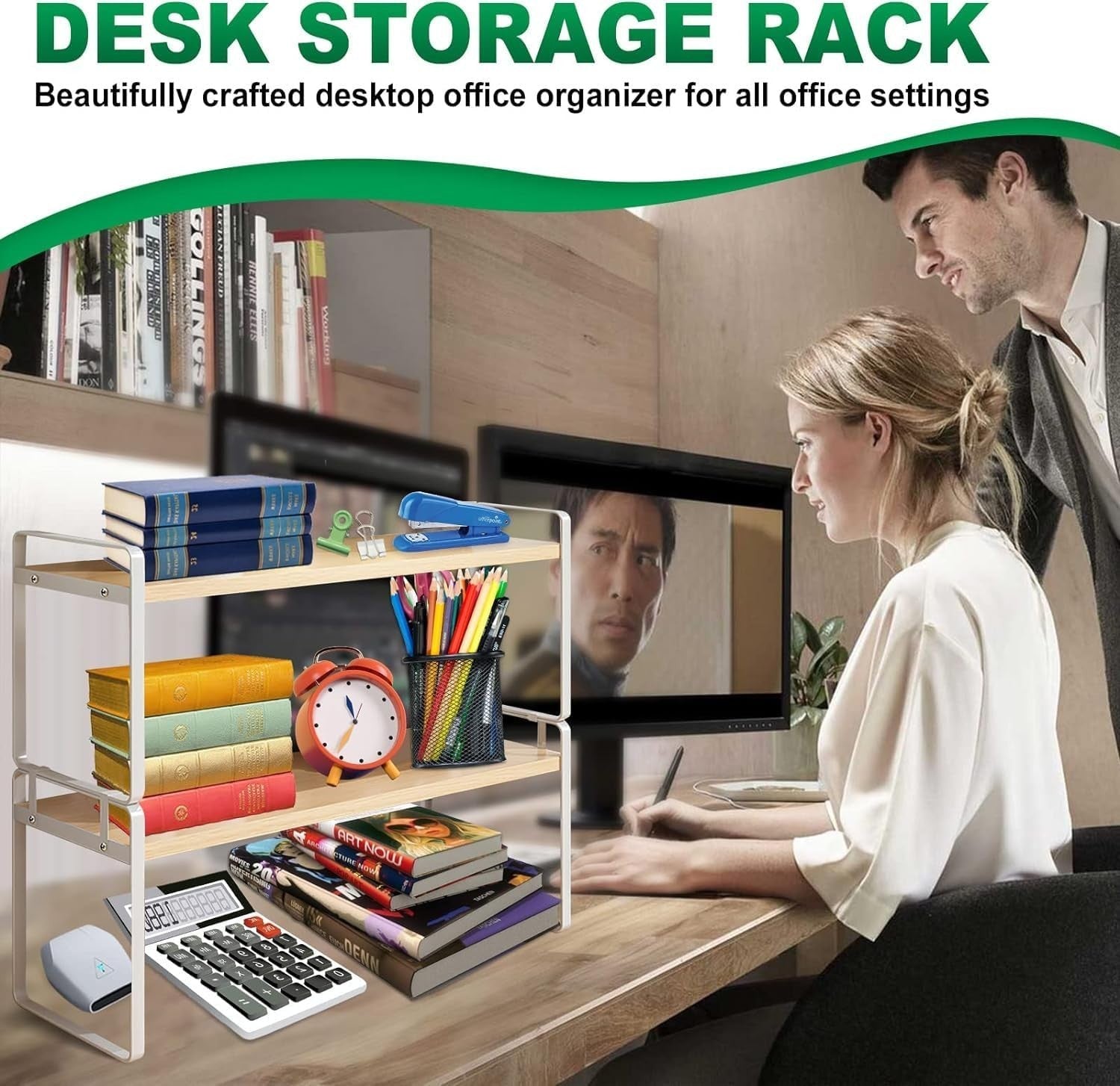 Adjustable Wood Desk Shelf – 2-Tier Office Organizer Rack for Supplies & Decor