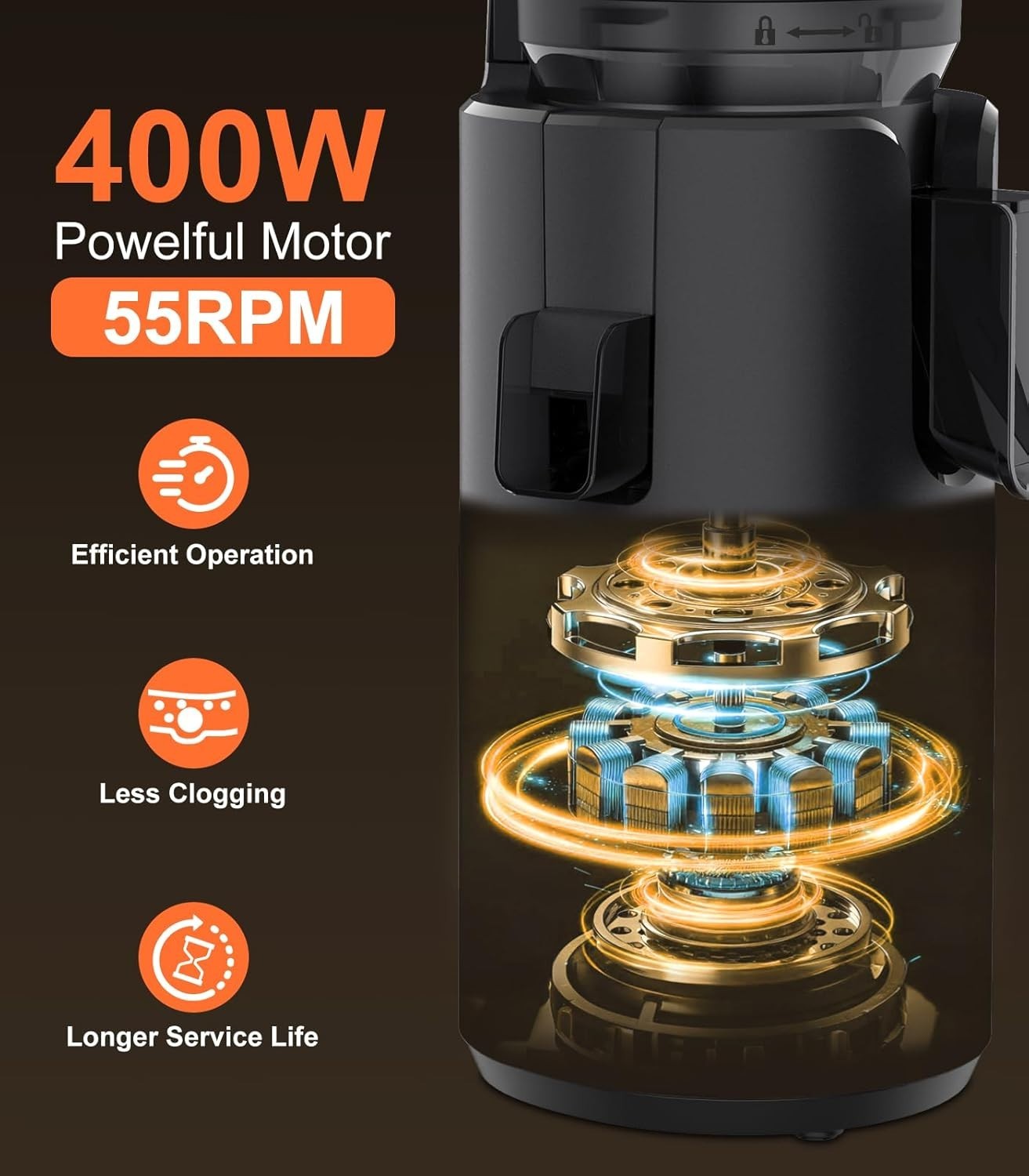 Cold Press Juicer Whole Fruit Slow Masticating 5.3in Feed Chute 400W