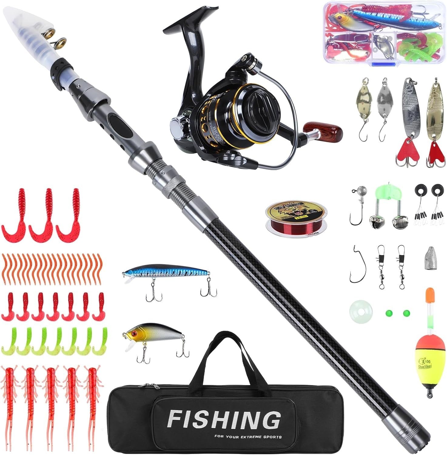 1.8M Telescopic Fishing Rod & Reel Combo Full Kit Lures Line Travel Saltwater