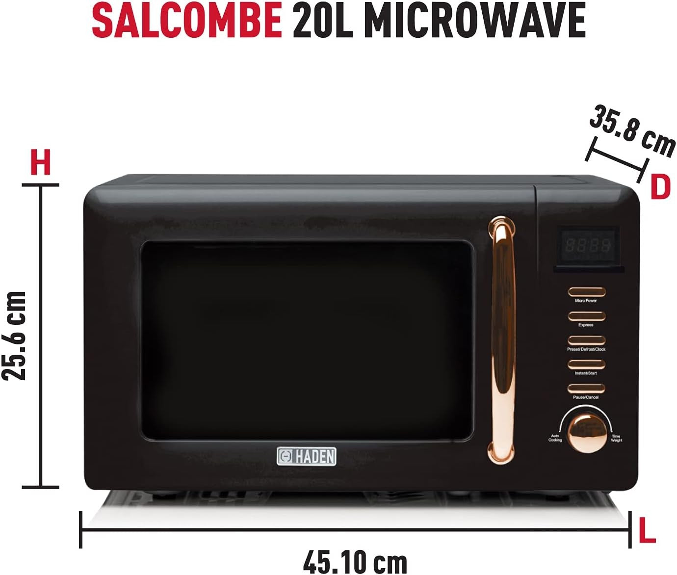 Black & Copper 20L Microwave 800W 5 Power Levels Digital Timer