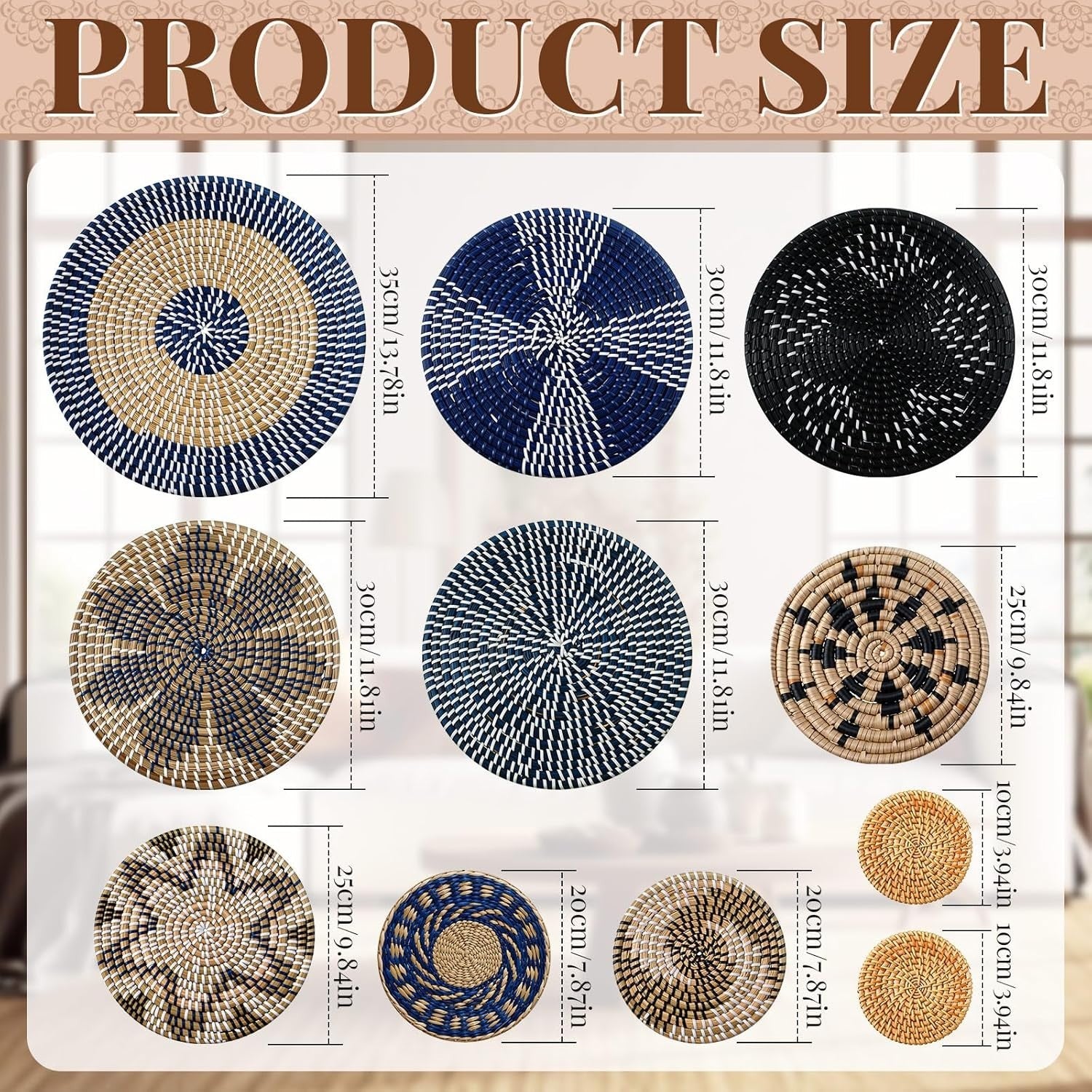 11PCS Boho Woven Wall Baskets Bulrush Farmhouse Decor Clr Blue