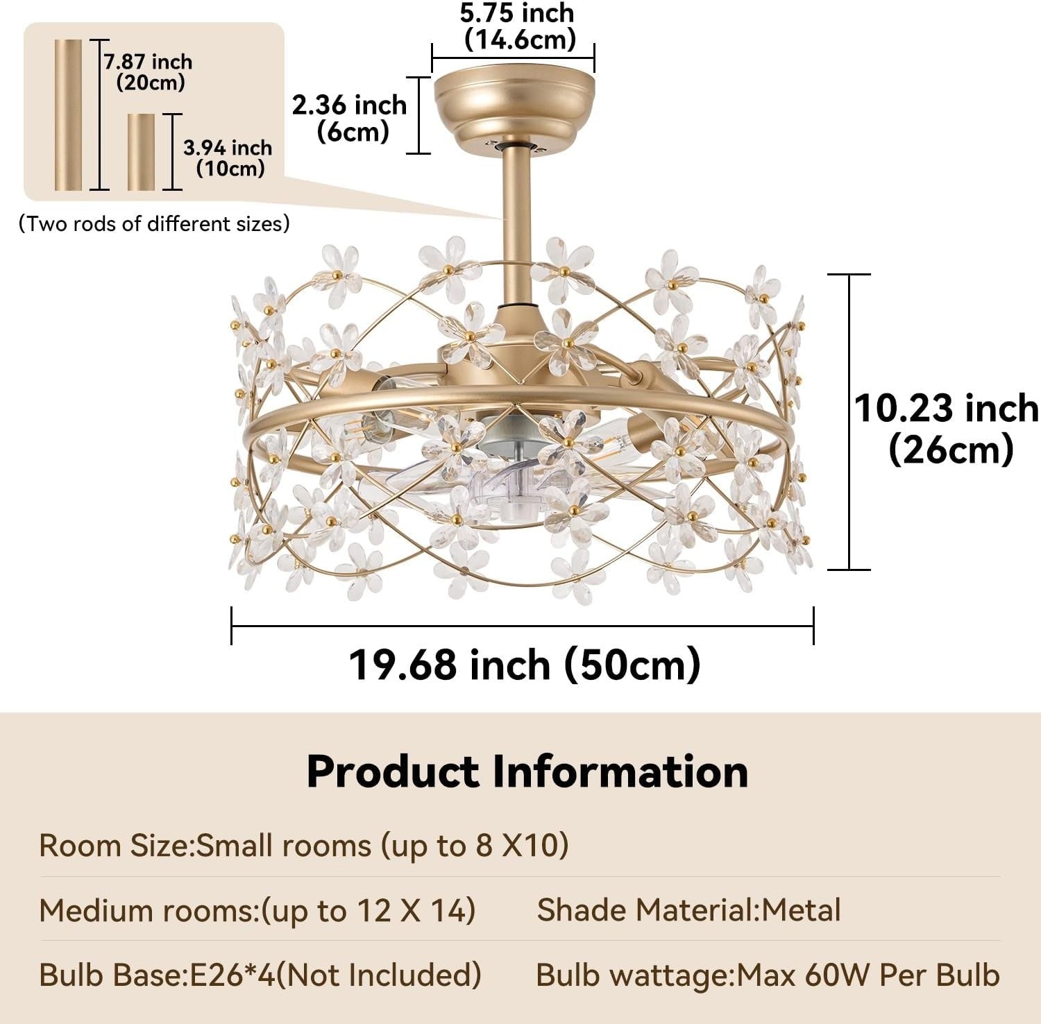 Youngrender 20" Gold Ceiling Fan with Light, Flower Chandelier, Remote