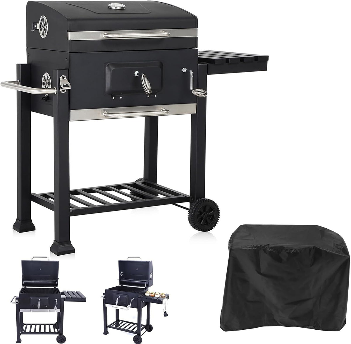 XL Charcoal Smoker BBQ Grill | Adjustable Height Tray | Built-In Thermometer