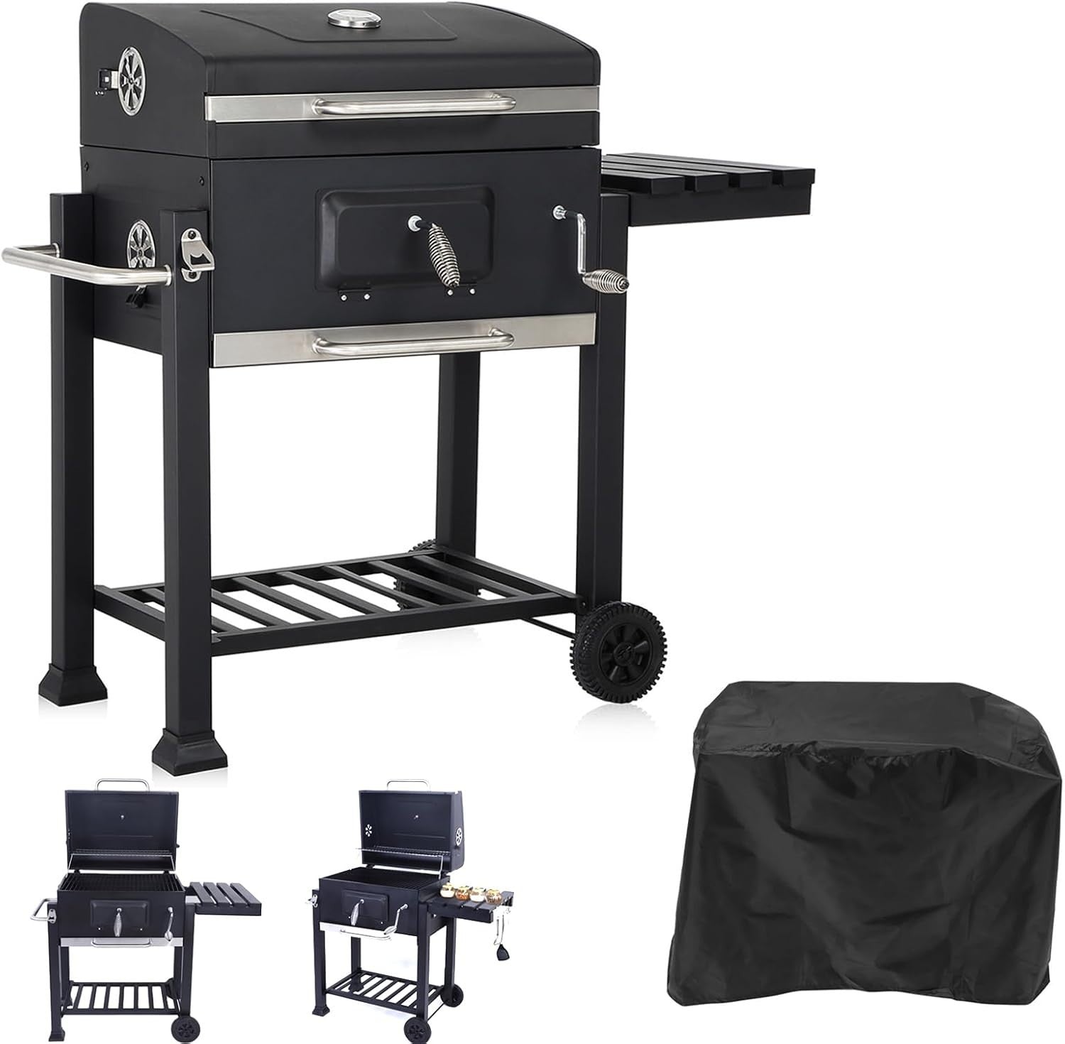 XL Charcoal Smoker BBQ Grill | Adjustable Height Tray | Built-In Thermometer