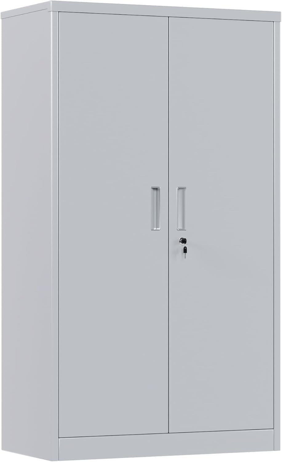 Grey Metal Storage Cabinet 140cm Lock & Adjustable Shelves – Office Cupboard