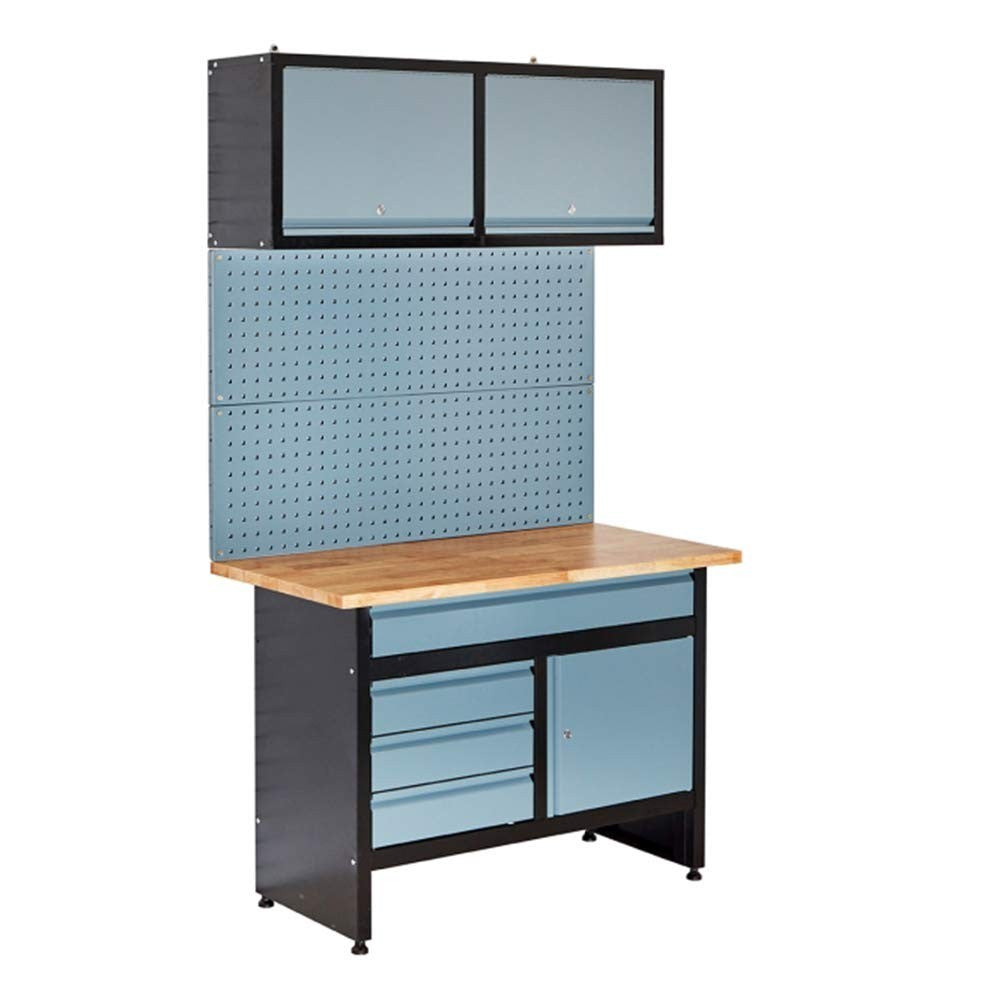 170cm Garage Workbench with Tool Panel Heavy Duty Wood Top Cupboards & Drawer