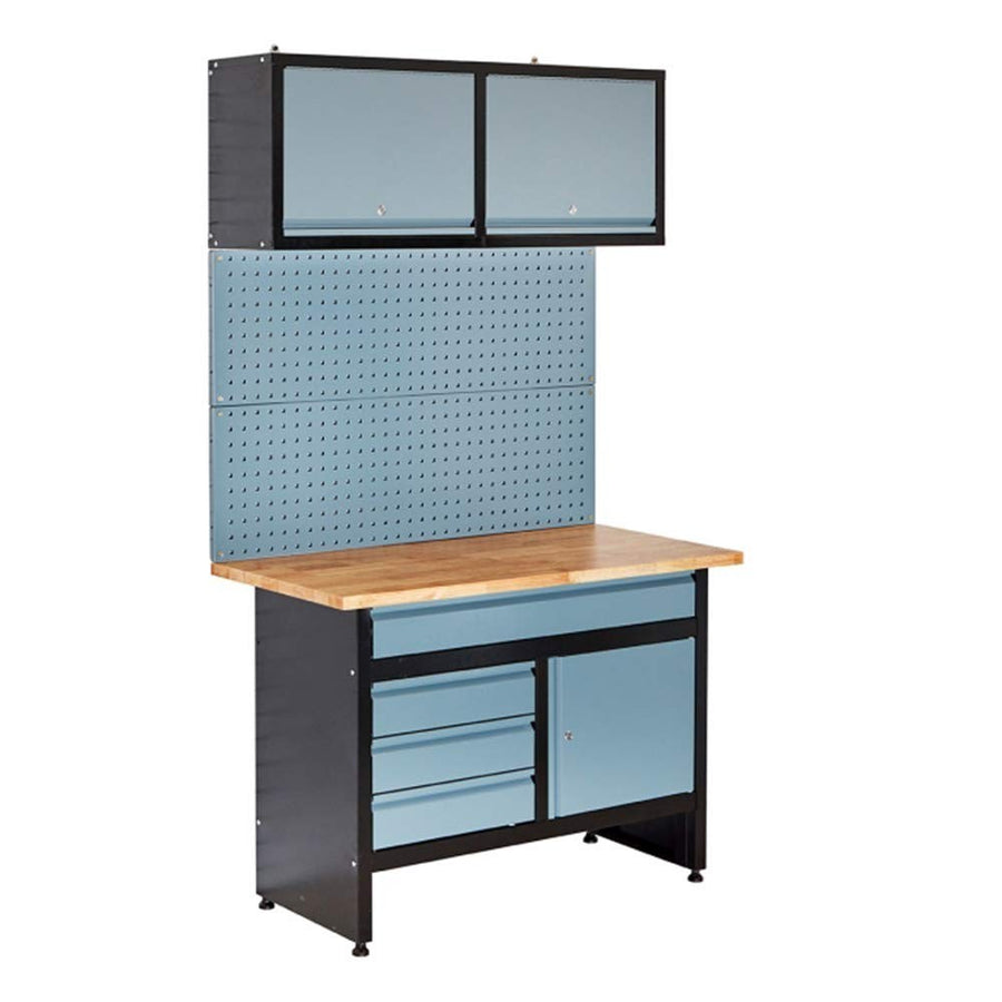 170cm Garage Workbench with Tool Panel Heavy Duty Wood Top Cupboards & Drawer