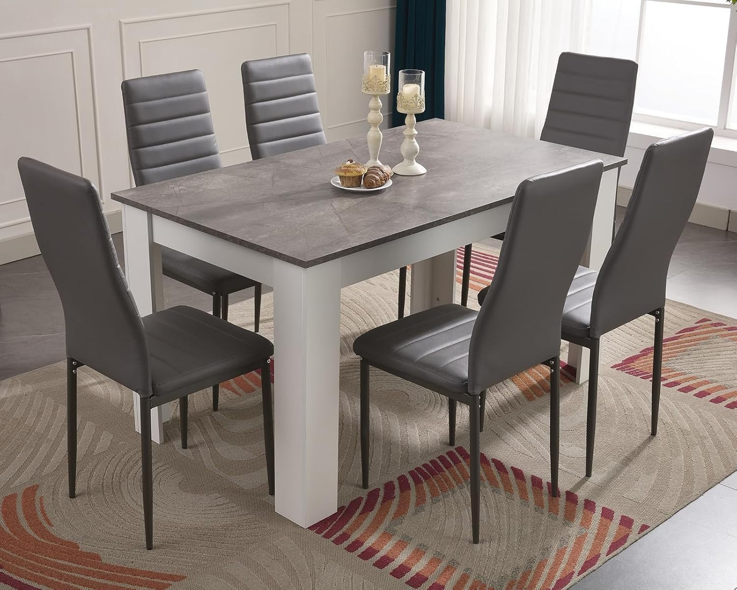 Grey Marble Dining Table Set with 6 PU Leather Chairs, Modern Kitchen