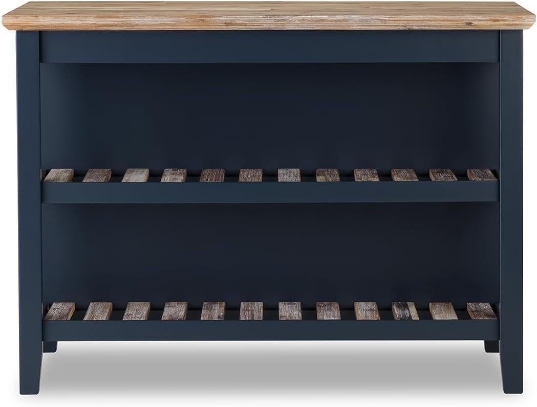 Breakfast Bar with Acacia Wood Top Storage Shelves Kitchen Island Navy Blue