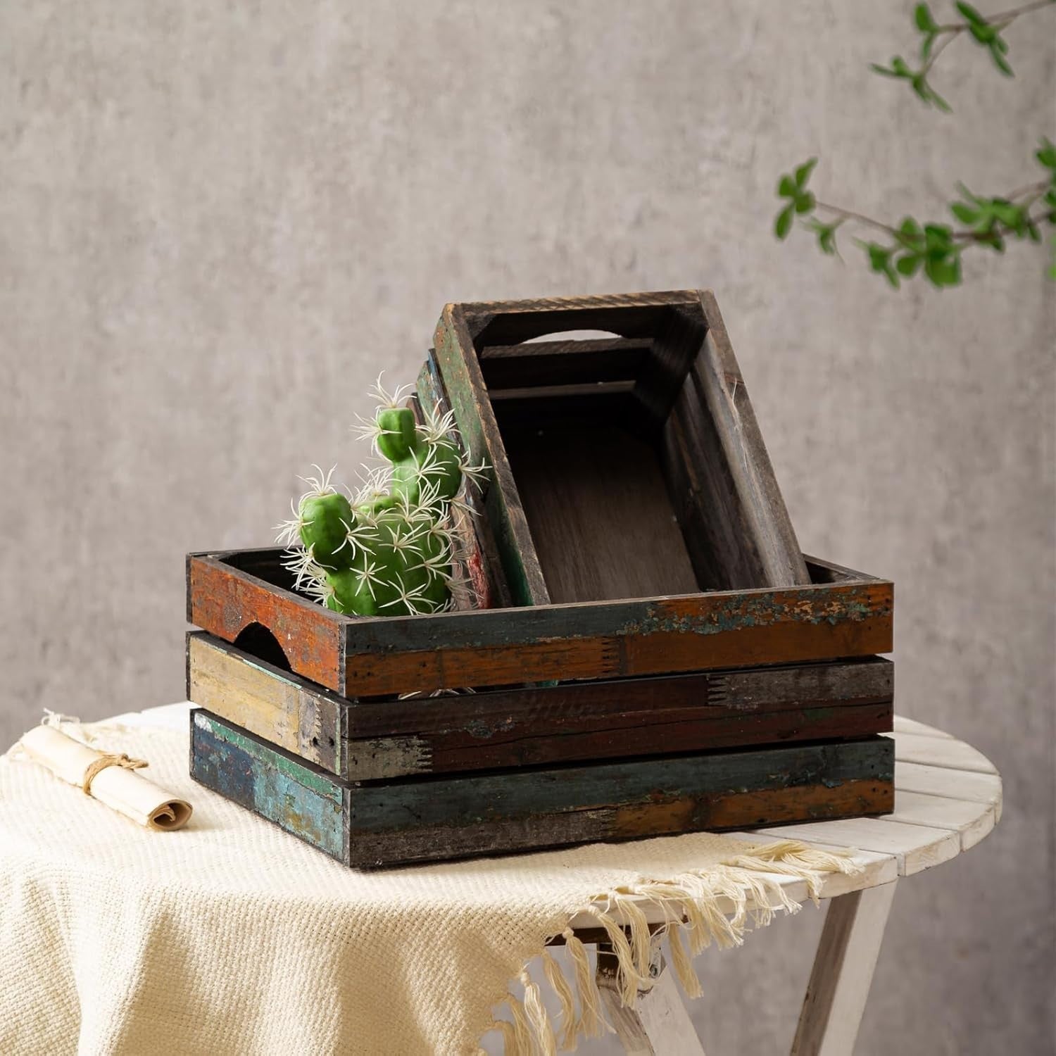 3 Pack Distressed Wooden Storage Crates Rustic Farmhouse Set