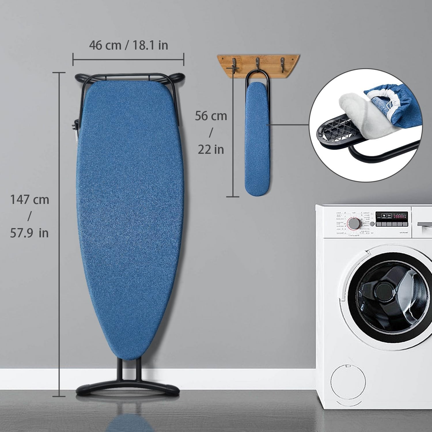 Extra Wide Ironing Board with Sleeve Board Adjustable Height Foldable Blue