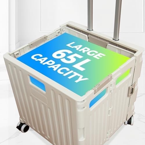 40KG Foldable Utility Trolley 65L Cart Lid Cup Holder 4 Wheels Grey