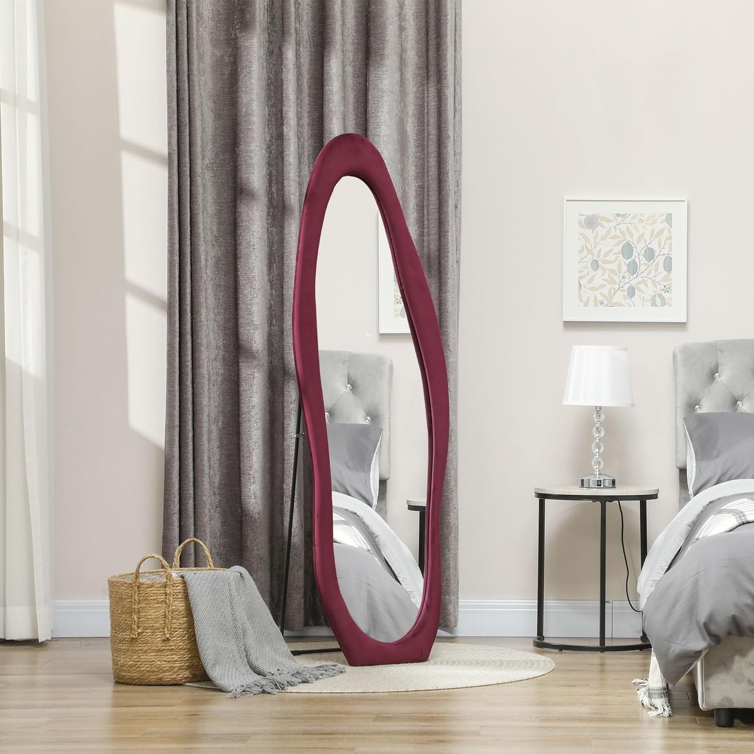 Full-Length Irregular Wavy Floor Mirror 160x50cm Velvet Frame Wine Red