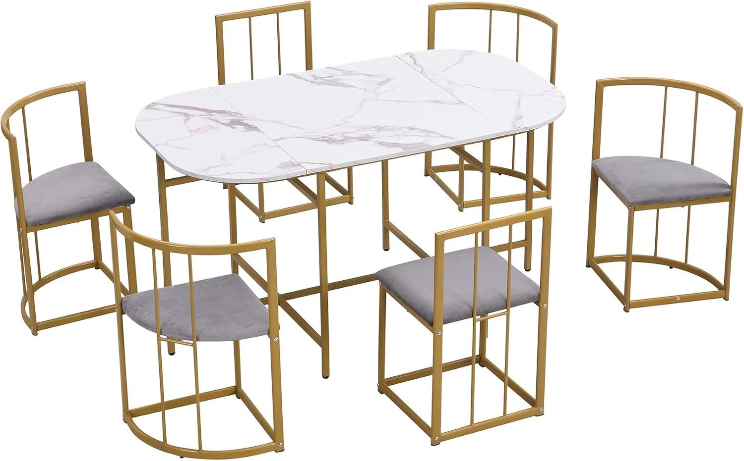 Modern 6-Seater Dining Table Set Grey Upholstered Chairs Gold Frame 140x80cm