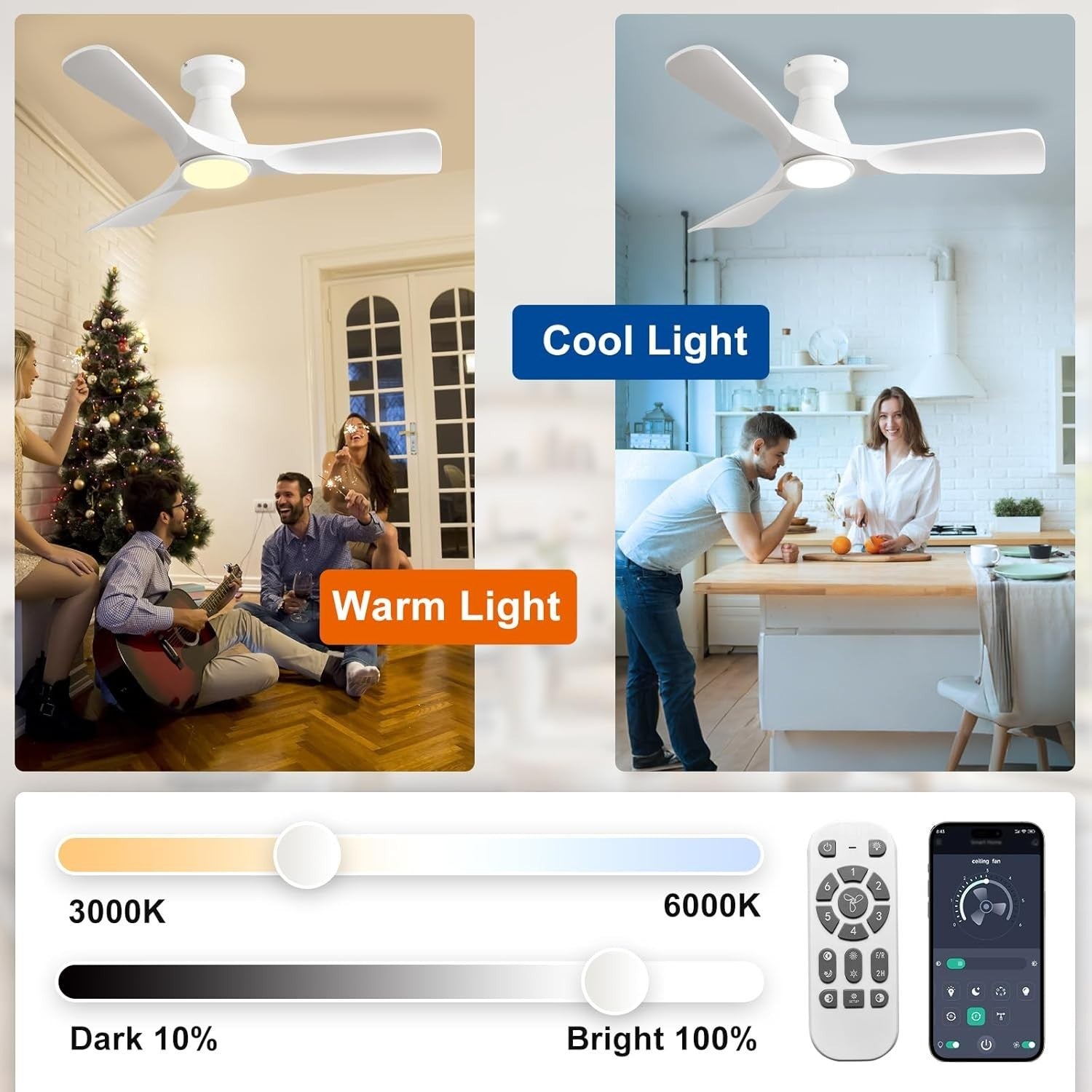 42-Inch White Ceiling Fan with Light, Quiet DC Motor, Remote Control