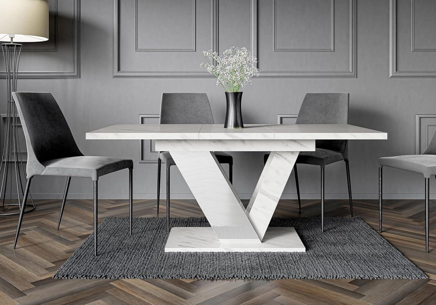White Marble Dining Table Extendable 160cm Gloss 6 Seater Modern Kitchen