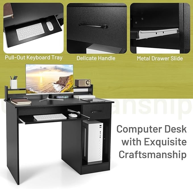 Computer Desk with Storage Drawer & Keyboard Tray Home Office Study Desk Black