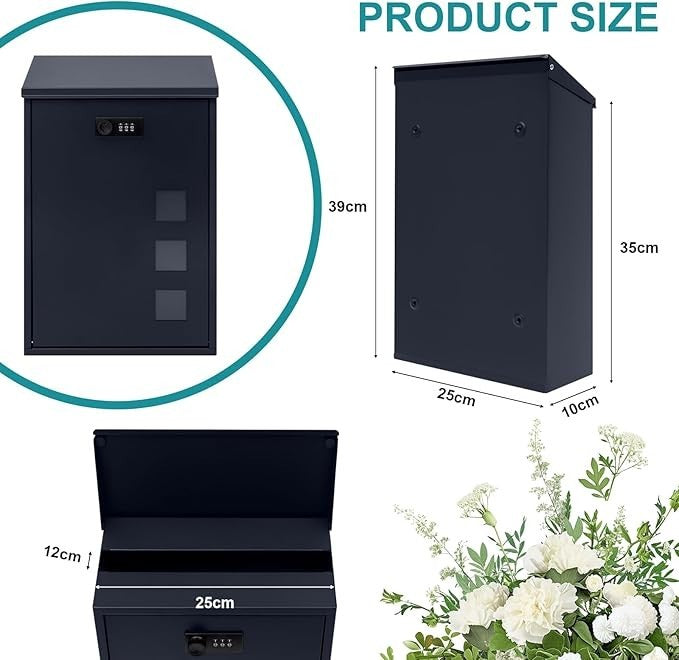 Wall Mounted Steel Mailbox Lockable Combination Weatherproof Post Box 40x25x10cm