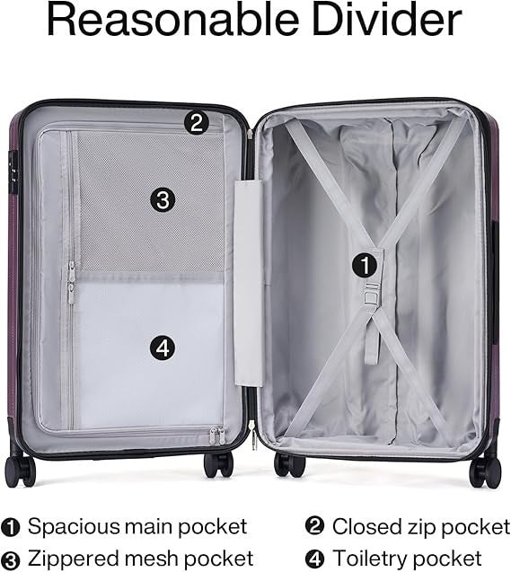 24” Lightweight Checked Hard Shell Luggage Quiet Spinner Wheels Lock