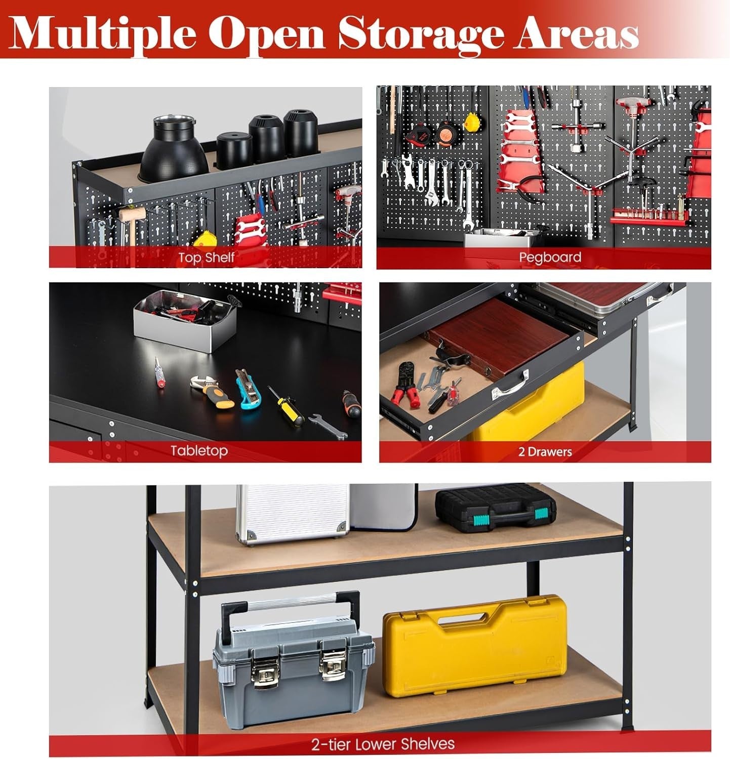Heavy Duty Garage Workbench with Pegboard Drawers Shelves 435kg Tool Station
