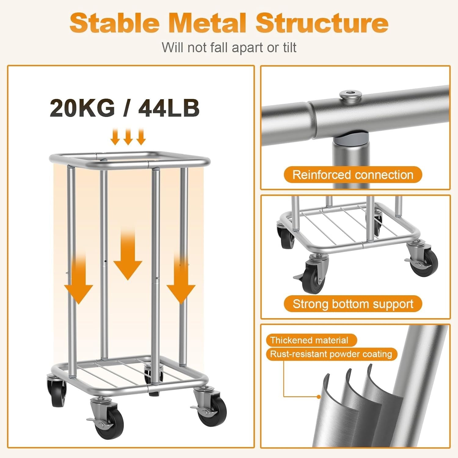 115L Grey Rolling Laundry Hamper with Wheels Steel Frame Washable Removable Bag