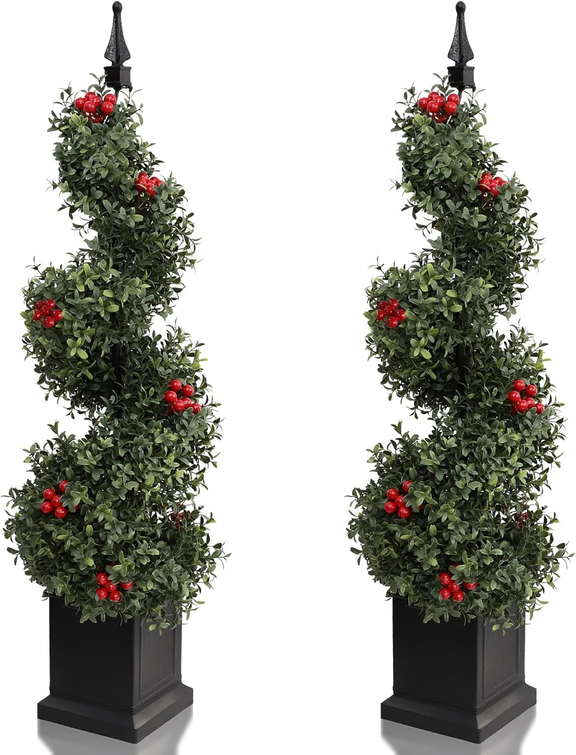 3ft 90cm Artificial Spiral Boxwood Topiary Tree with Red Fruits Indoor Outdoor